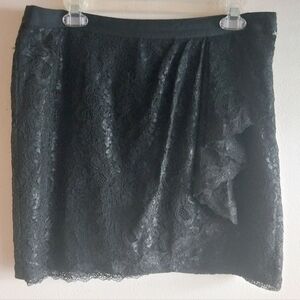 Cache Vintage Black Floral Lace Mini Skirt with Side Ruffle Detail
